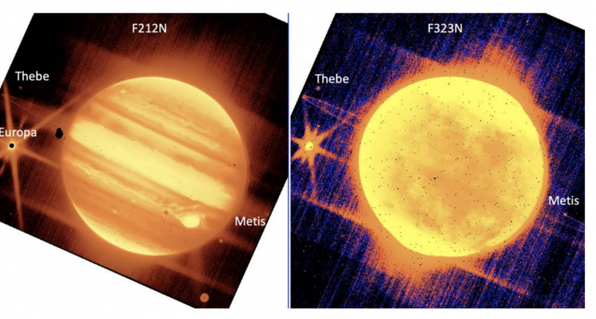 Izquierda: Júpiter, centro, y sus lunas Europa, Tebe y Metis se ven a través del filtro de 2,12 micras del instrumento NIRCam del telescopio espacial James Webb.