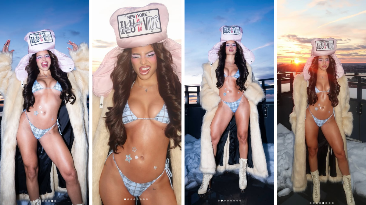 Emilia Mernes deslumbró en Nueva York con una bikini retro en el medio de la nieve