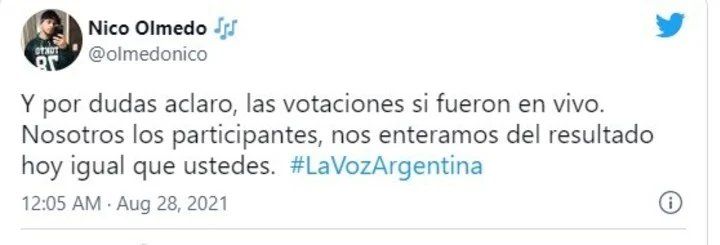 Nicolás Olmedo, uno de los participantes del Team Lali, se sorprendió con las reacciones en las redes sociales y dejó en claro como fue el sistema de votación.
