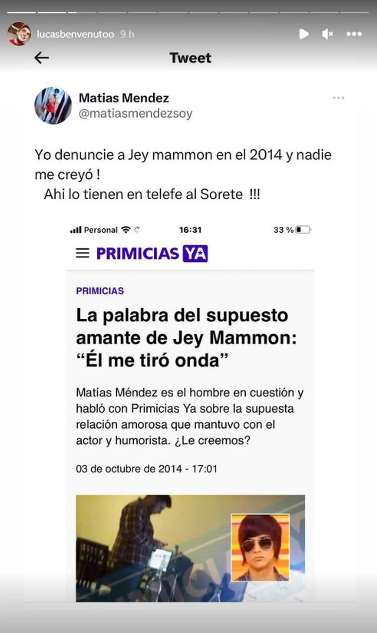 Lucas Benvenuto compartió posteos en los que deslizó el nombre de Jey Mammón como el del conductor que cometió abusos. (Foto: Instagram/lucasbenvenutoo)