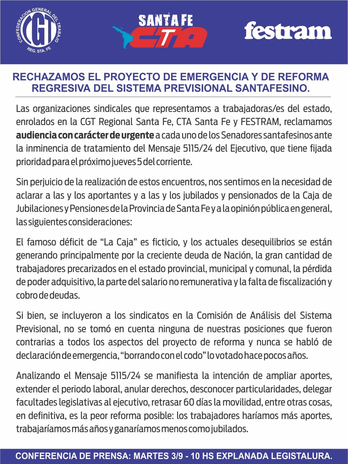 Las organizaciones sindicales reclamaron “con carácter de urgente” una audiencia a cada uno de los senadores.